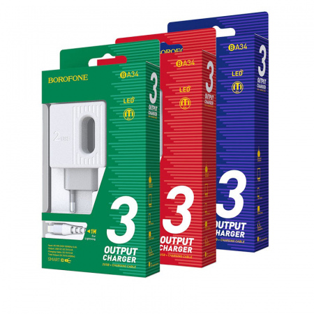 Зарядное устройство BOROFONE BA34 Power essence 2*USB, 2.4A, белый, кабель Lightning